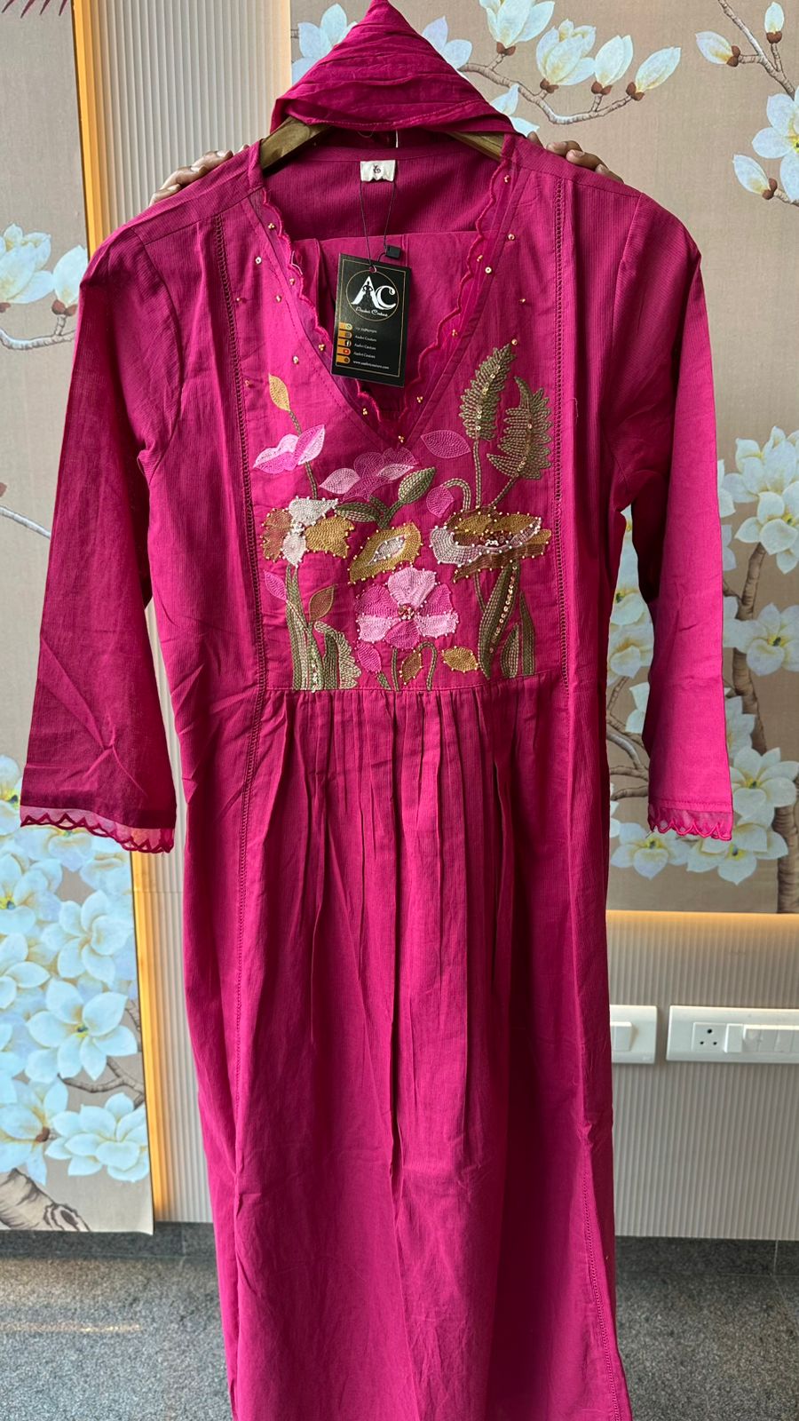 Pure embroidered cotton suit setin pink