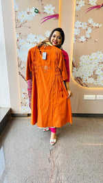 Hot selling in rust colour paired with Kalamkari dupatta