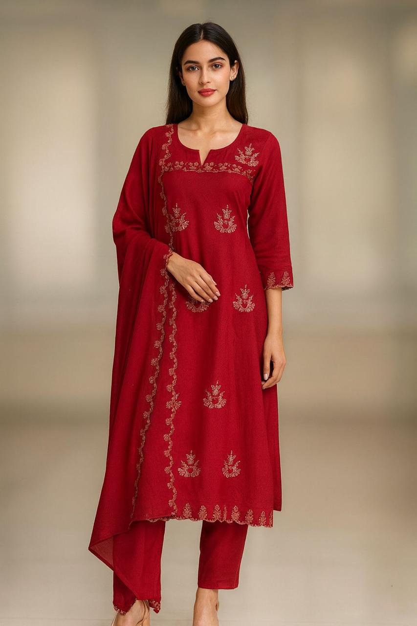 Pure cotton embroidered full suit set in red
