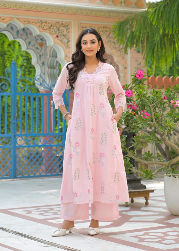 Mul cotton embroidered full kurta pant