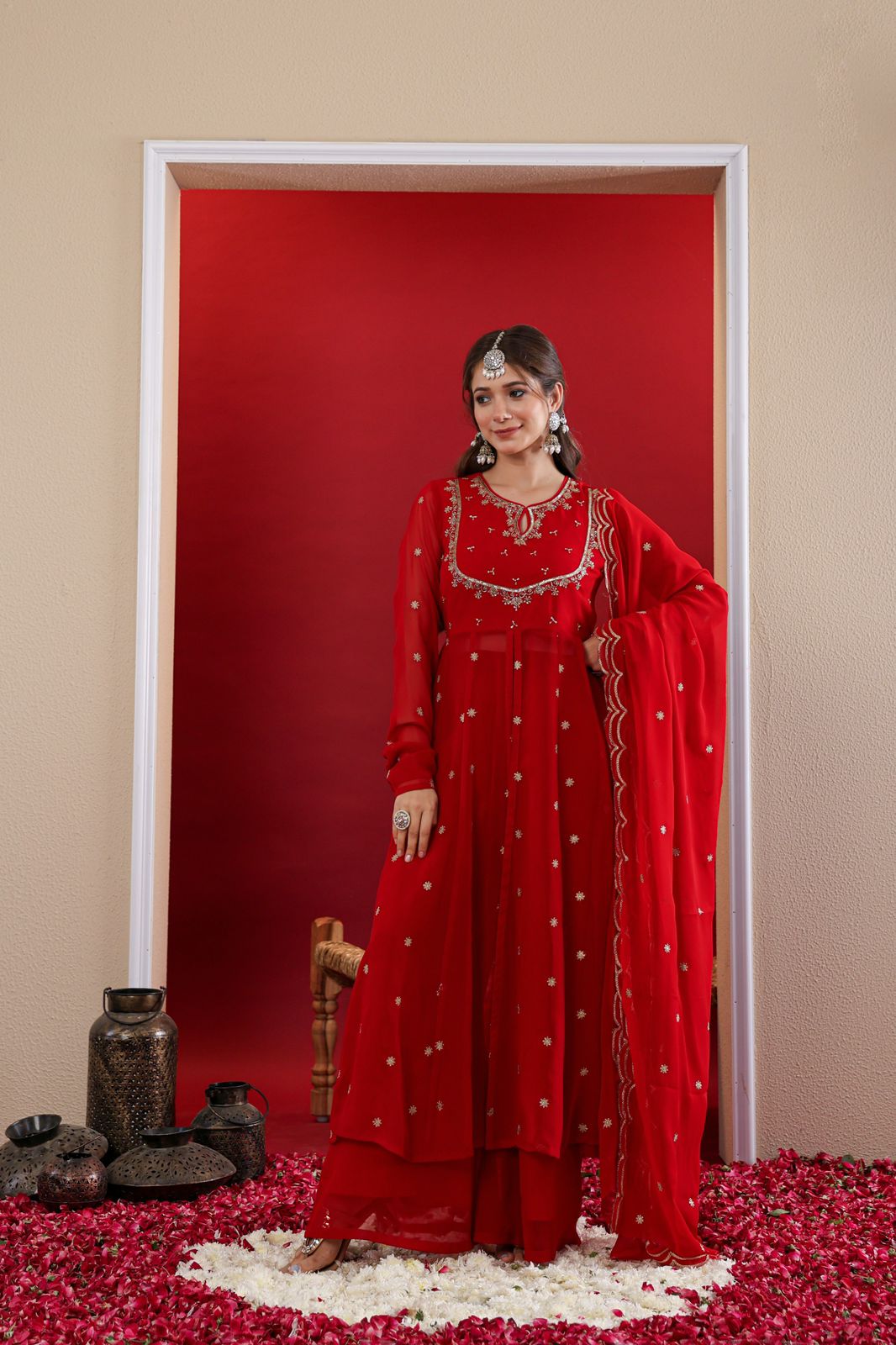 Pretty georgette heavy Zari embroidery full suit set