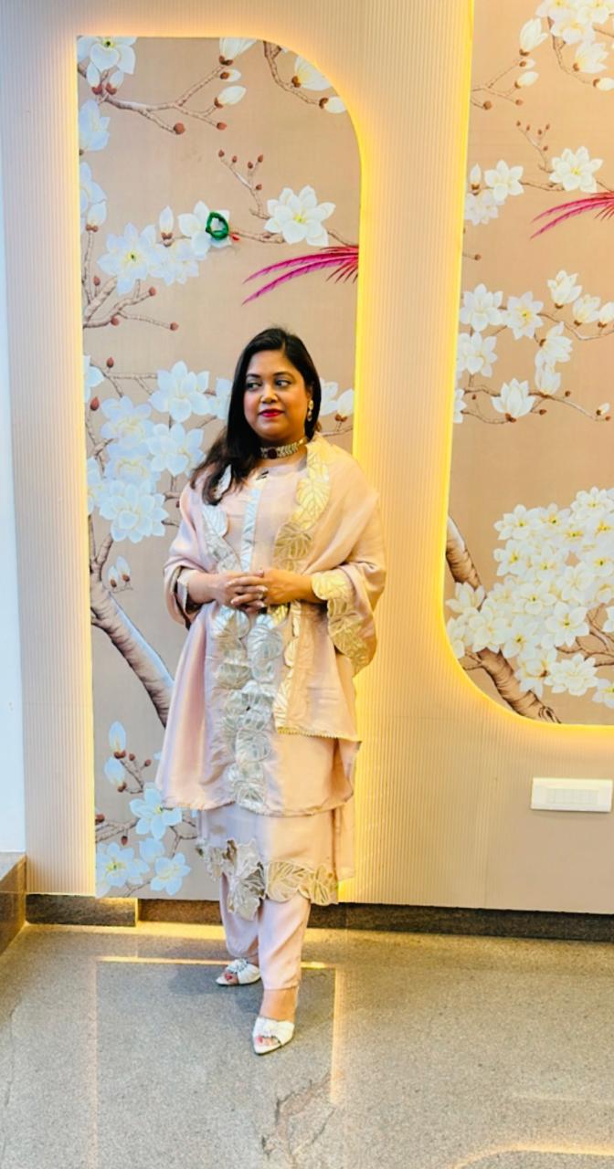 Premium tissue appliqué work suit set in champagne colour