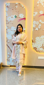 Premium tissue appliqué work suit set in champagne colour