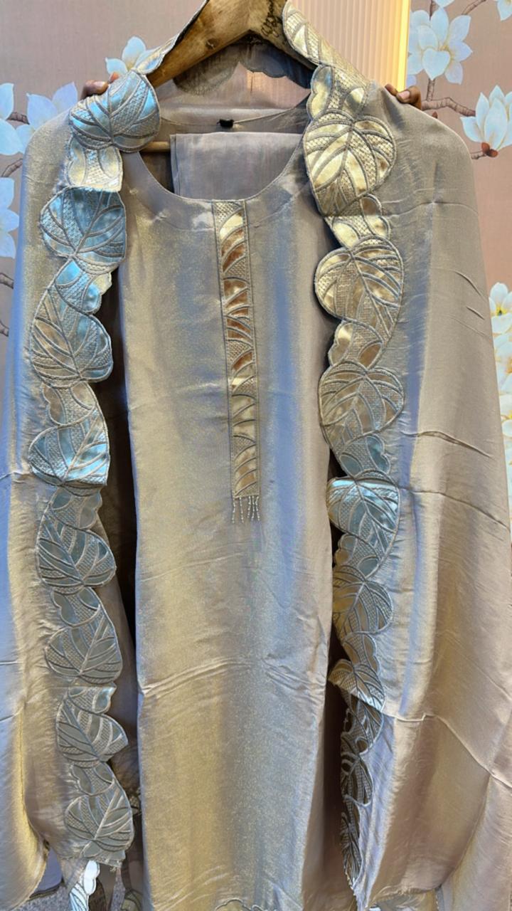 Premium tissue appliqué work suit set in grey colour