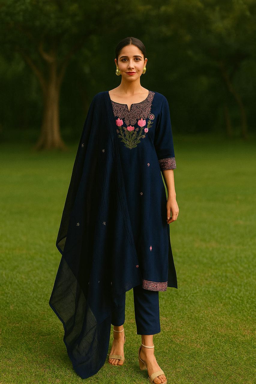Wow embroidered pure cotton suit set in blue