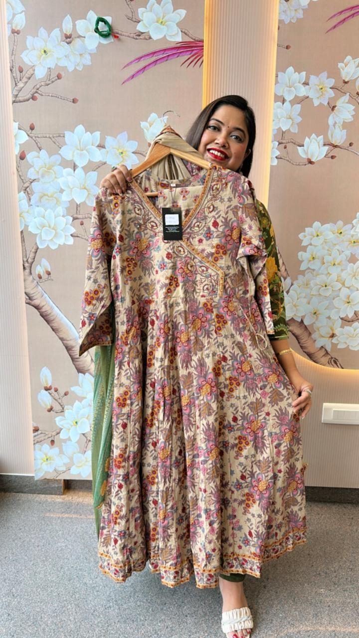 Beige Angrakha pattern cotton Anarkali