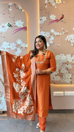 Designer tissue full suit set with beautiful handwork and lace detailing suit set in orange
