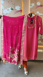 Designer tissue full suit set with beautiful handwork and lace detailing suit set in pink