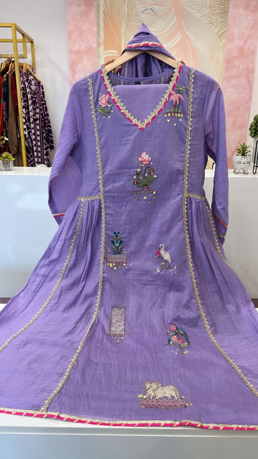 Double layer mulchanderi hand work suit set in purple