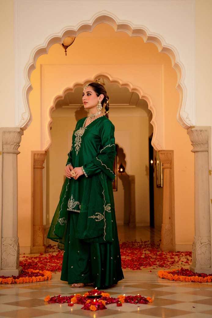 Awesome santori silk party wear Plazo suit set in green