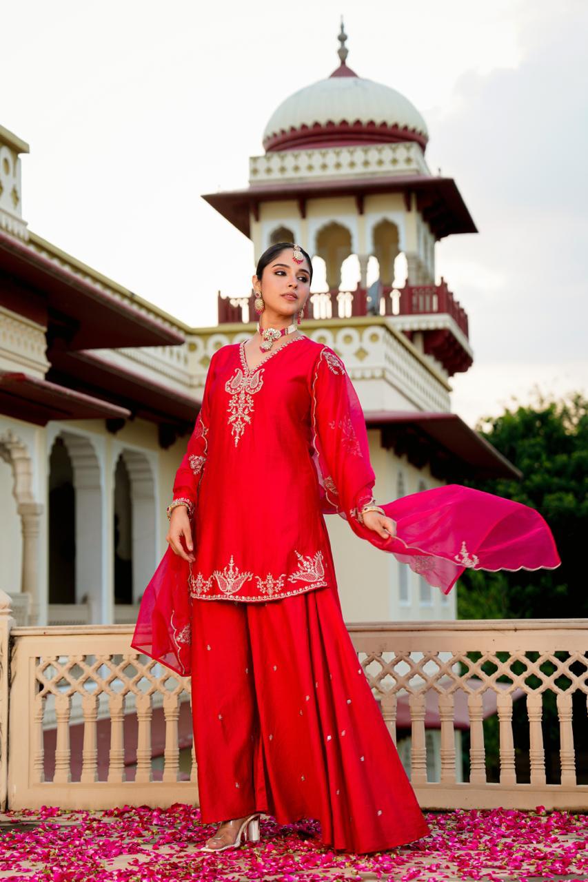 Awesome santori silk party wear Plazo suit set in red