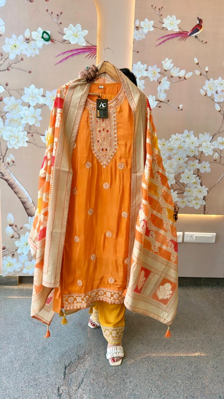 Pure crepe designer lace detailing suit set in orange
