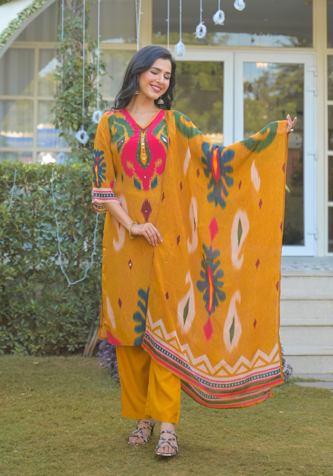 Pure crepe Ikkat print suit set in yellow