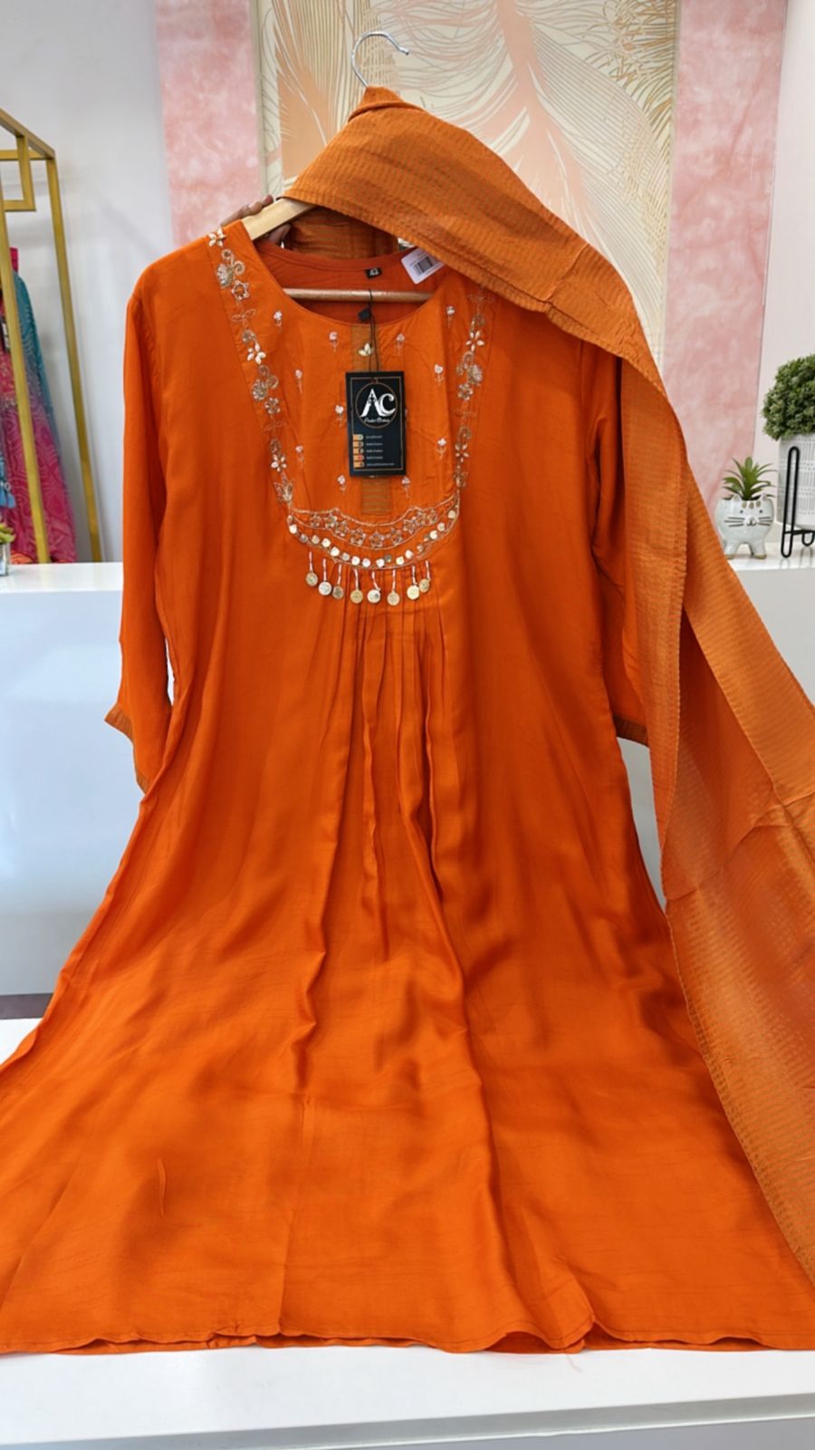 Russian silk hand work suit set in orange