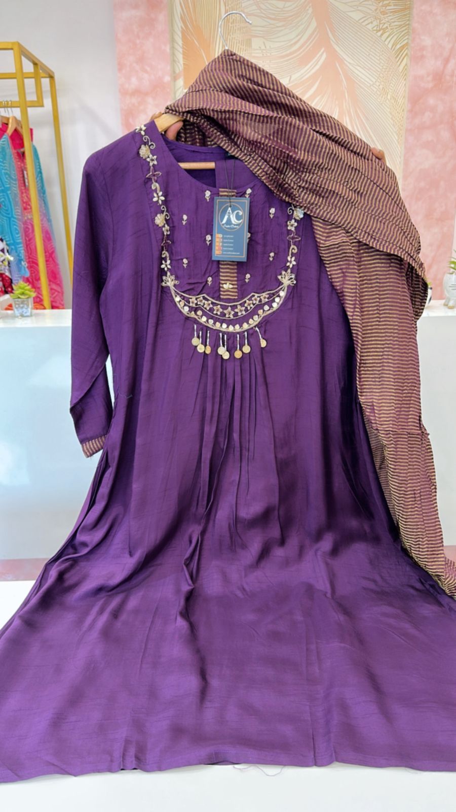 Russian silk hand work suit set in purple