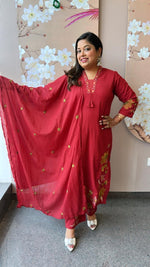 Pure cotton fully embroidered red suit set