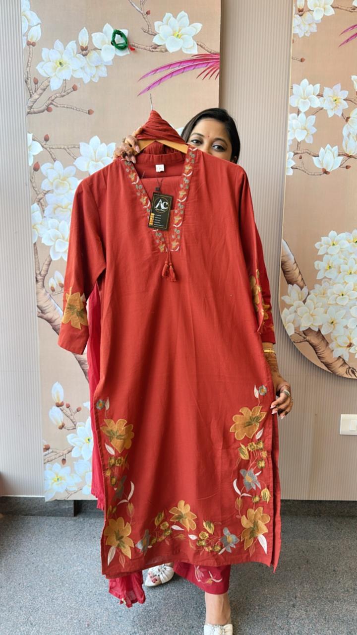 Pure cotton fully embroidered rust suit set