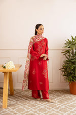 Heavy rayon embroidered suit set paired with soft orgenza dupatta in red