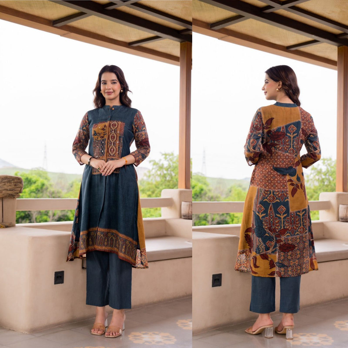 Kalamkari back Mul silk kurta pant in blue