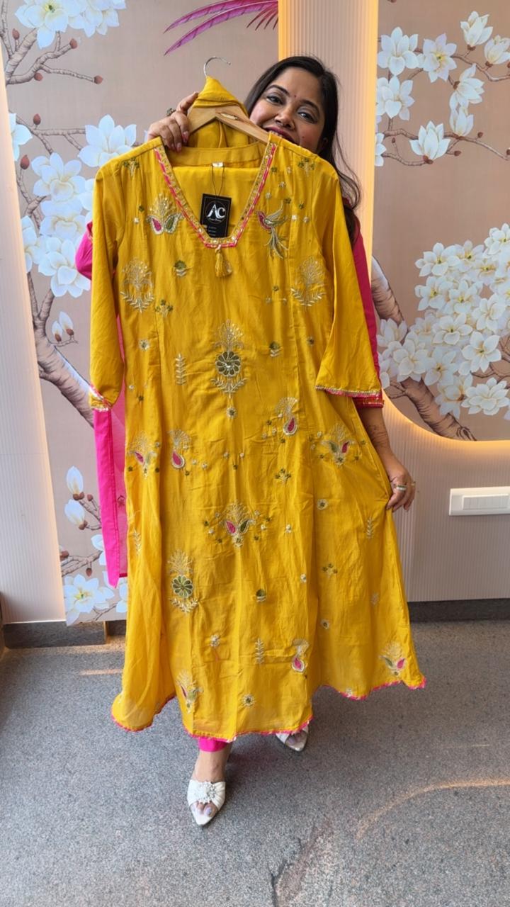 Pretty Mul Chanderi with gotta detailing and heavy hand work in yellow