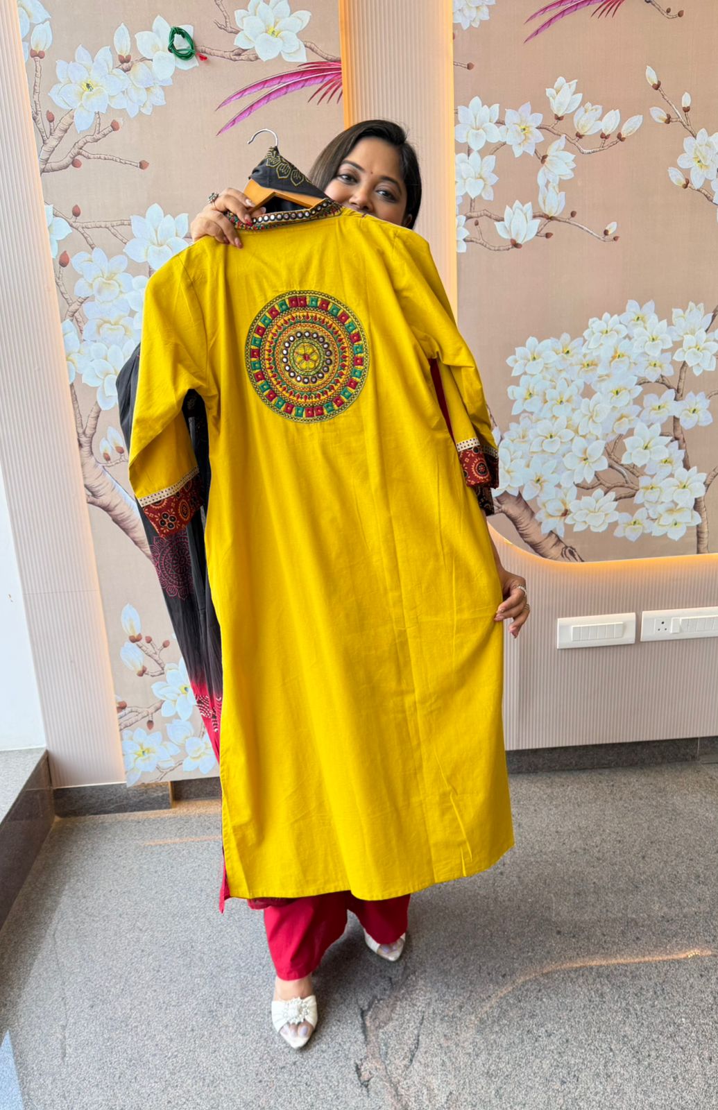 Premium cotton designer back with embroidered pocket in yellow