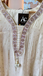 Tissue suit set with gold Zari weaving n appliqué work (slim fit)