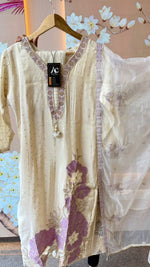 Tissue suit set with gold Zari weaving n appliqué work (slim fit)