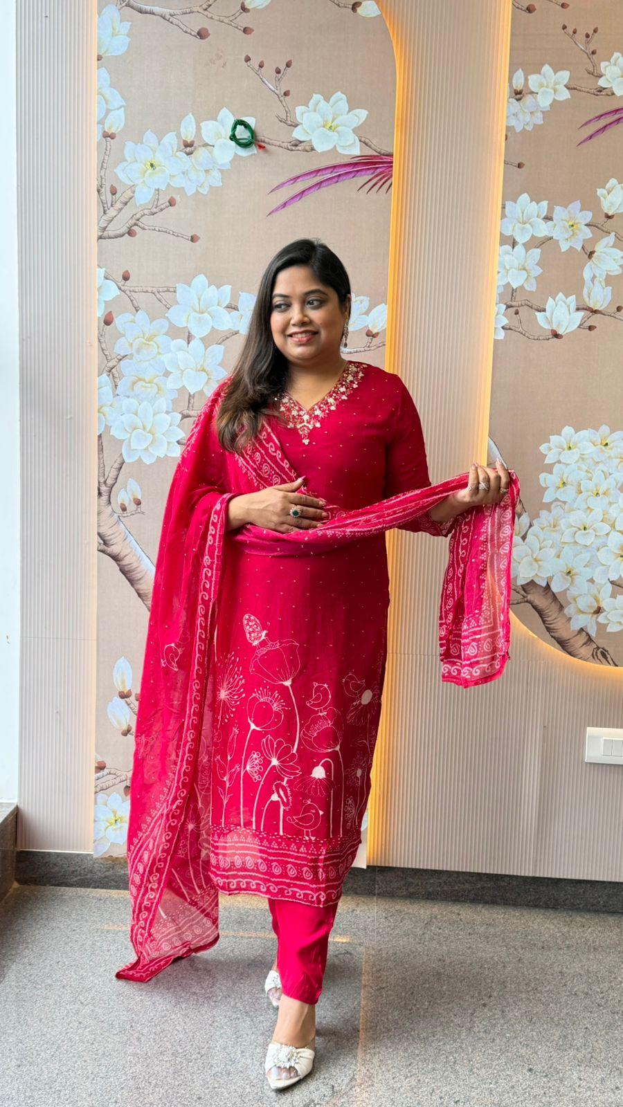 Pure crepe V neck with Zari weaving full suit set