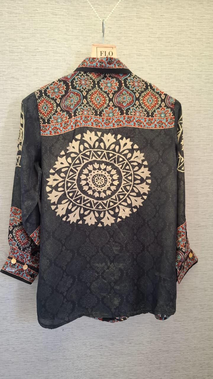 Super smart black Ajrakh crepe shirt