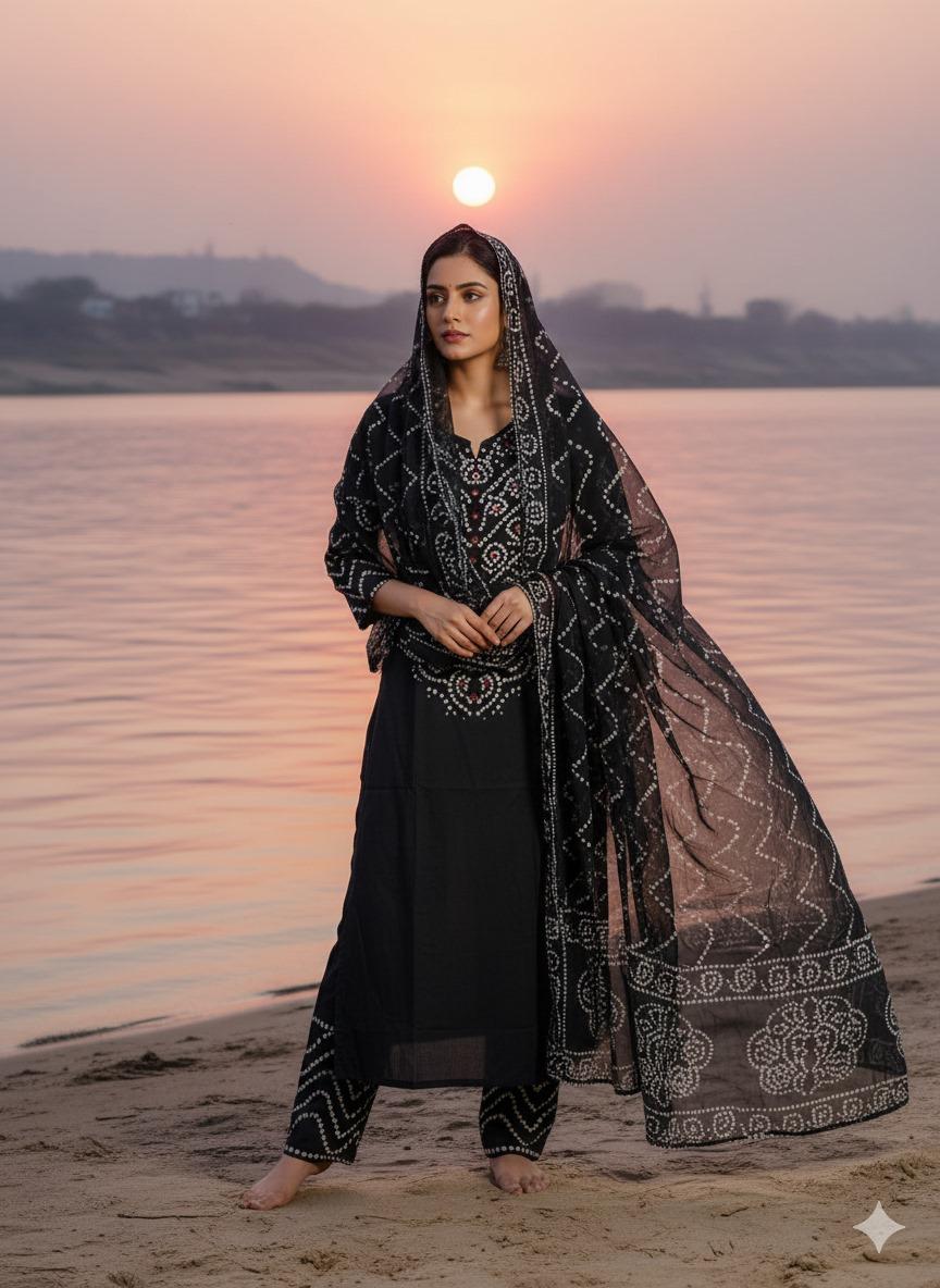 Restocked! Pretty bandhani black cotton suit set