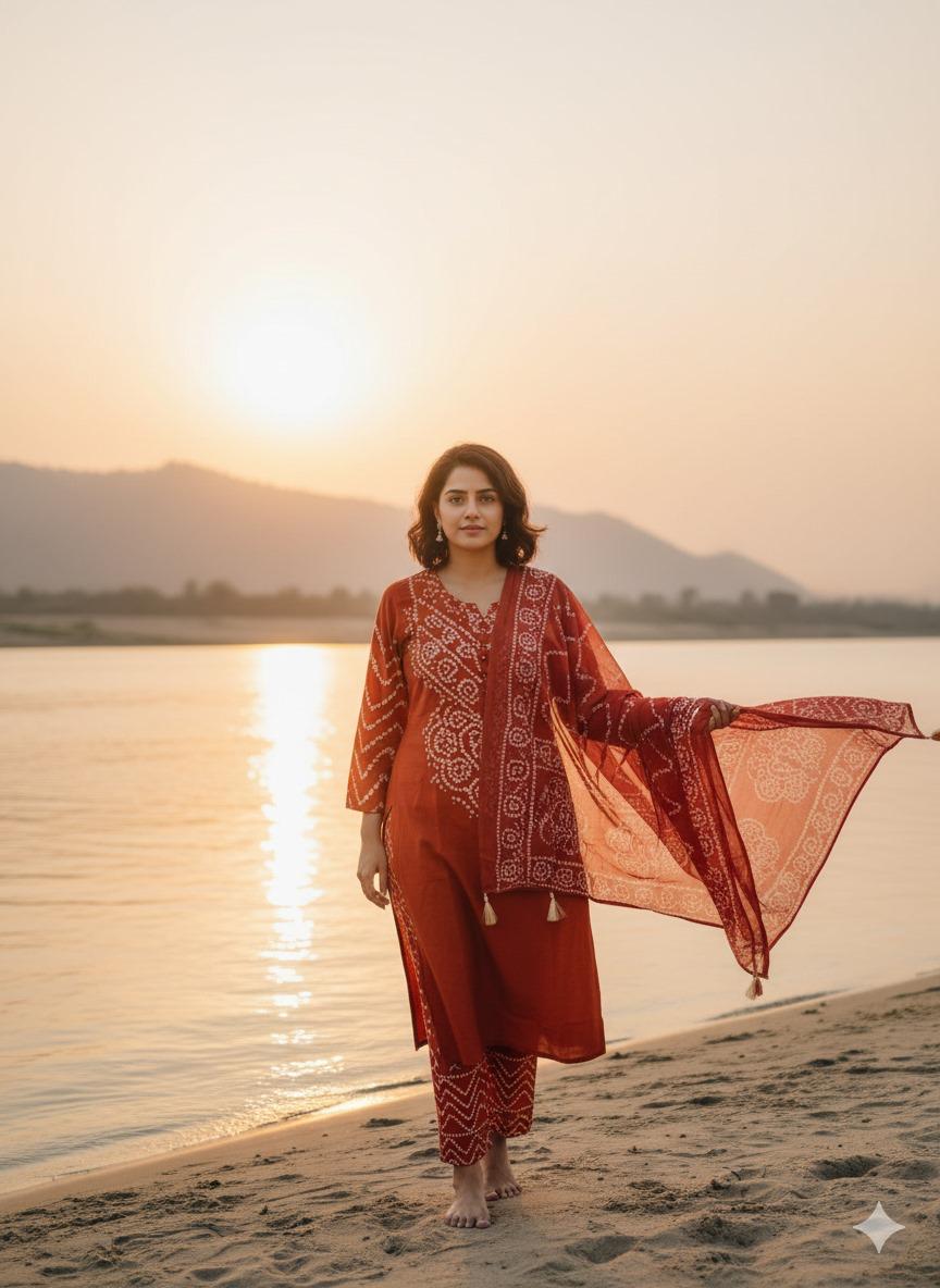 Restocked! Pretty bandhani rust cotton suit set