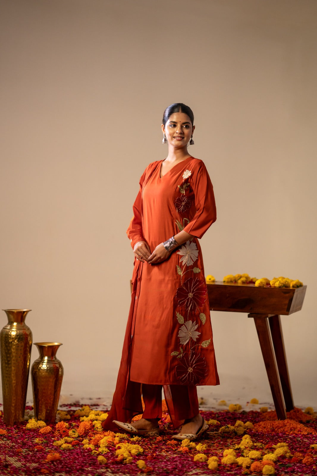 Embroidered full suit set in rust