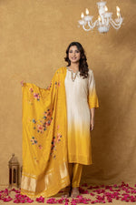 Pure crepe full suit set in white and yellow