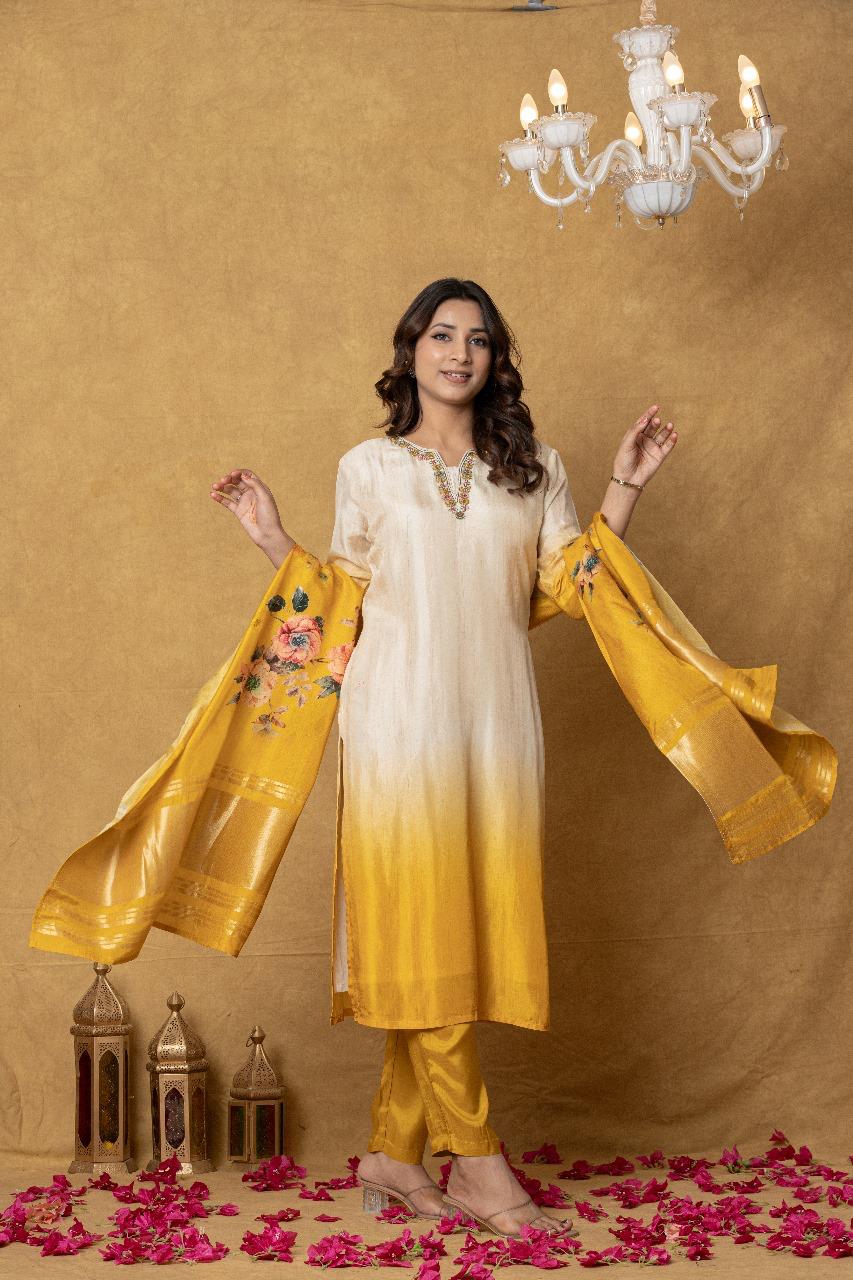 Pure crepe full suit set in white and yellow