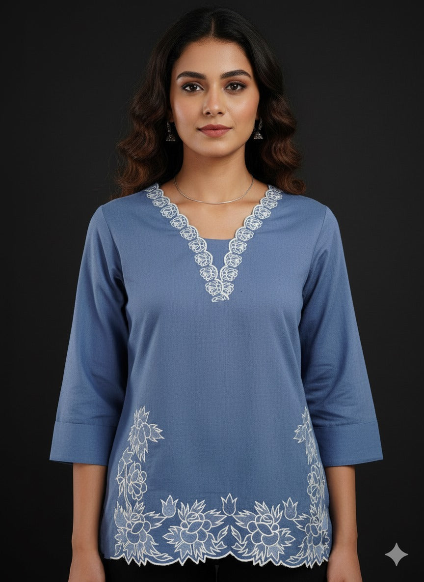 Appliqué work embroidered top