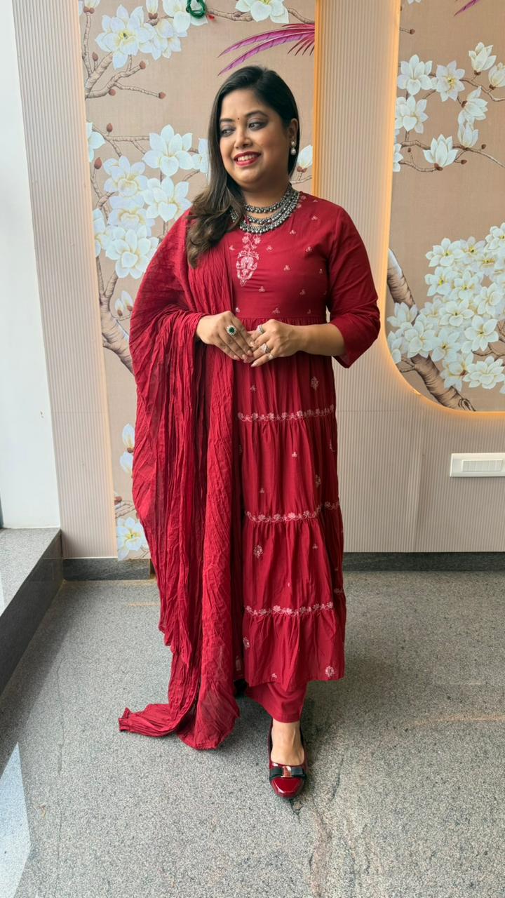 Beautifully embroidered maroon Anarkali suit set