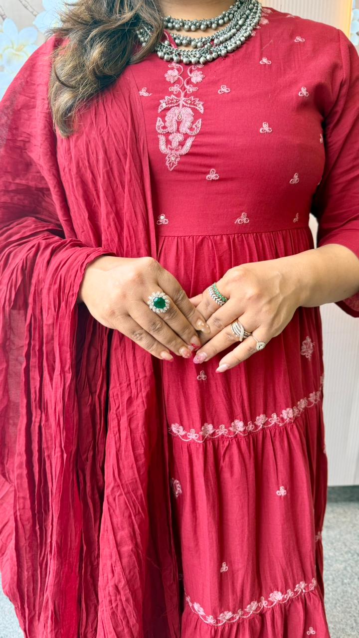 Beautifully embroidered maroon Anarkali suit set