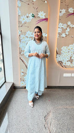 Embroidered cotton palazzo set in ice blue