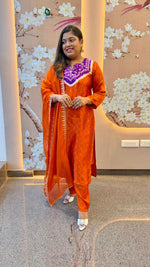 Gaji silk bandhani suit set paired with orgenza dupatta orange