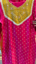 Gaji silk bandhani suit set paired with orgenza dupatta pink