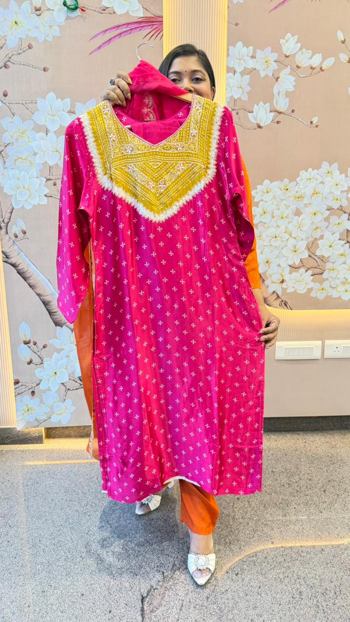 Gaji silk bandhani suit set paired with orgenza dupatta pink