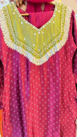 Gaji silk bandhani suit set paired with orgenza dupatta wine