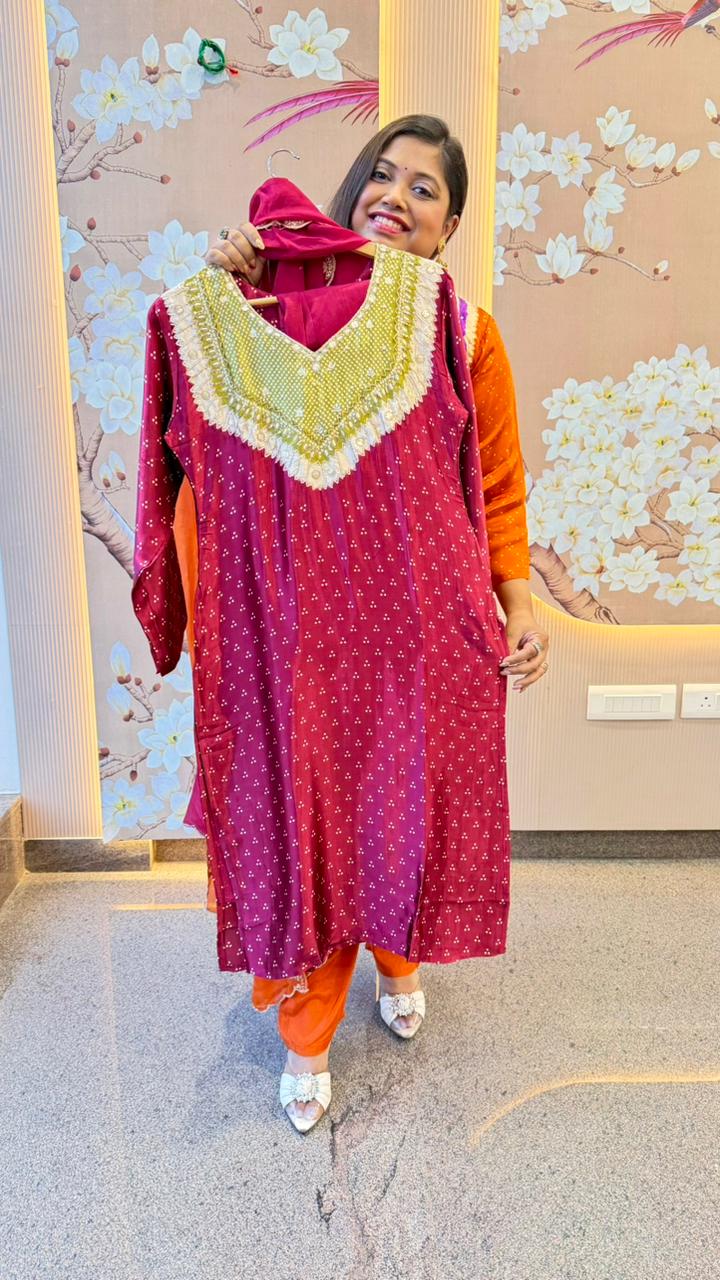 Gaji silk bandhani suit set paired with orgenza dupatta wine