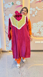 Gaji silk bandhani suit set paired with orgenza dupatta wine