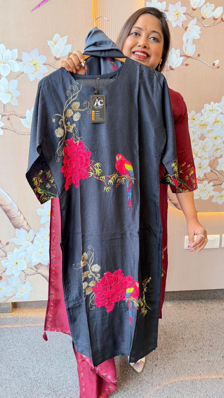 Digitally printed front n back Russian silk black suit set