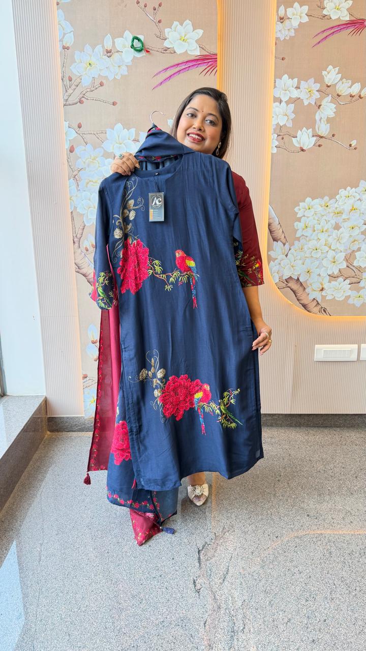 Digitally printed front n back Russian silk blue suit set