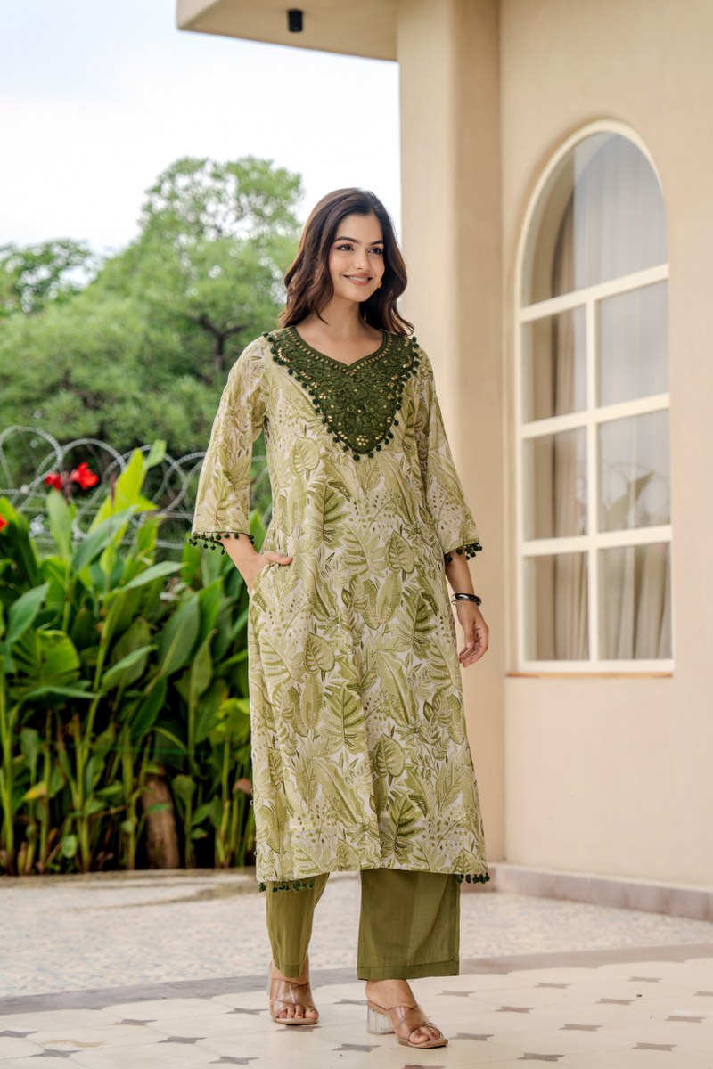 Smart Mul chanderi lining with pocket co ord in green