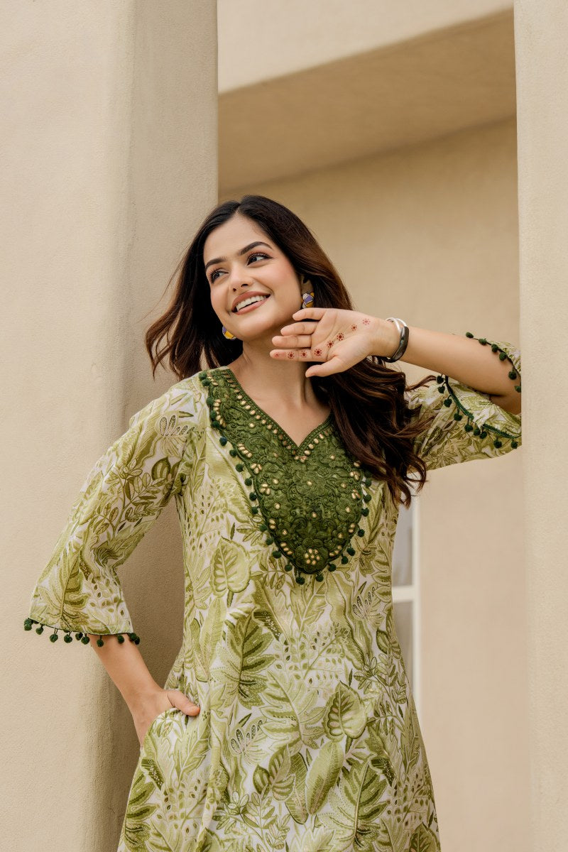 Smart Mul chanderi lining with pocket co ord in green