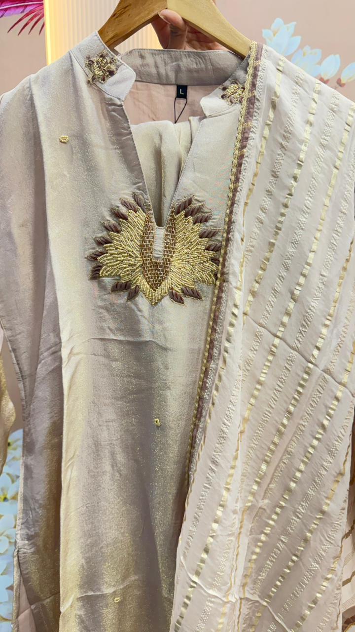 Premium tissue suit set with pretty handwork in champagne colour