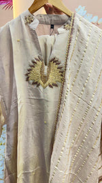 Premium tissue suit set with pretty handwork in champagne colour